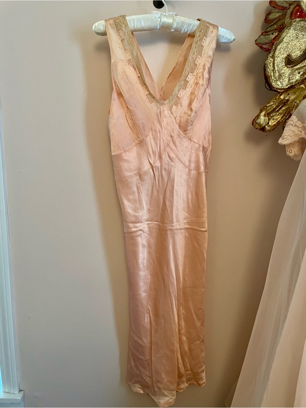 1930s Bias Cut Slipdress w Embroidered Detail Lace Trim Midi Length Liquid Satin